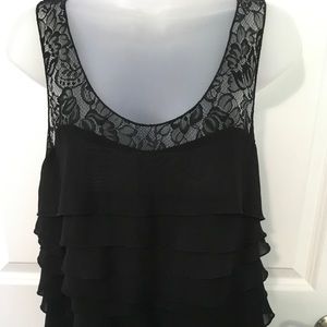 Express, medium, black sleeveless blouse, polyester and lace.